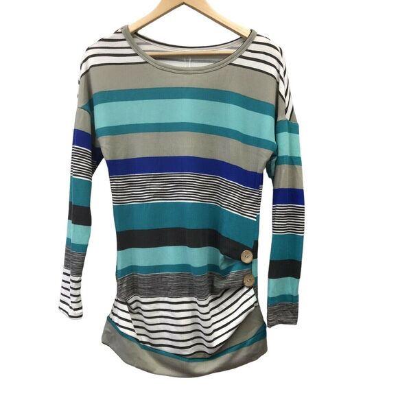 Muhadrs Sweater Womens Small Striped Gray White Black Green Blue - Picture 1 of 8